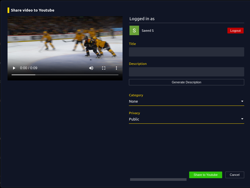 Logged-in YouTube Share Window