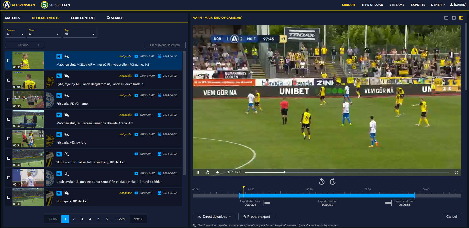 click on export button
