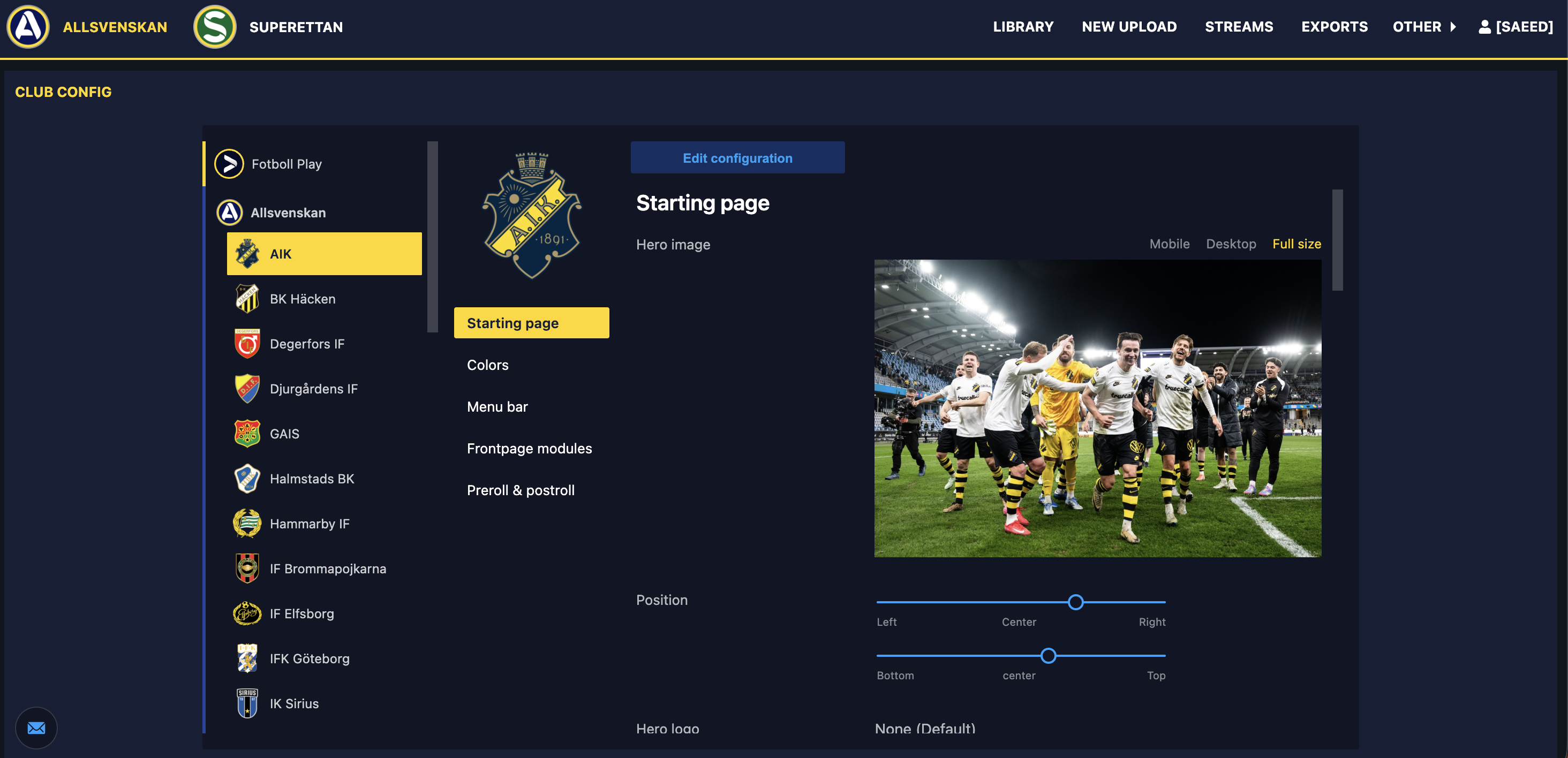 Club config page overview