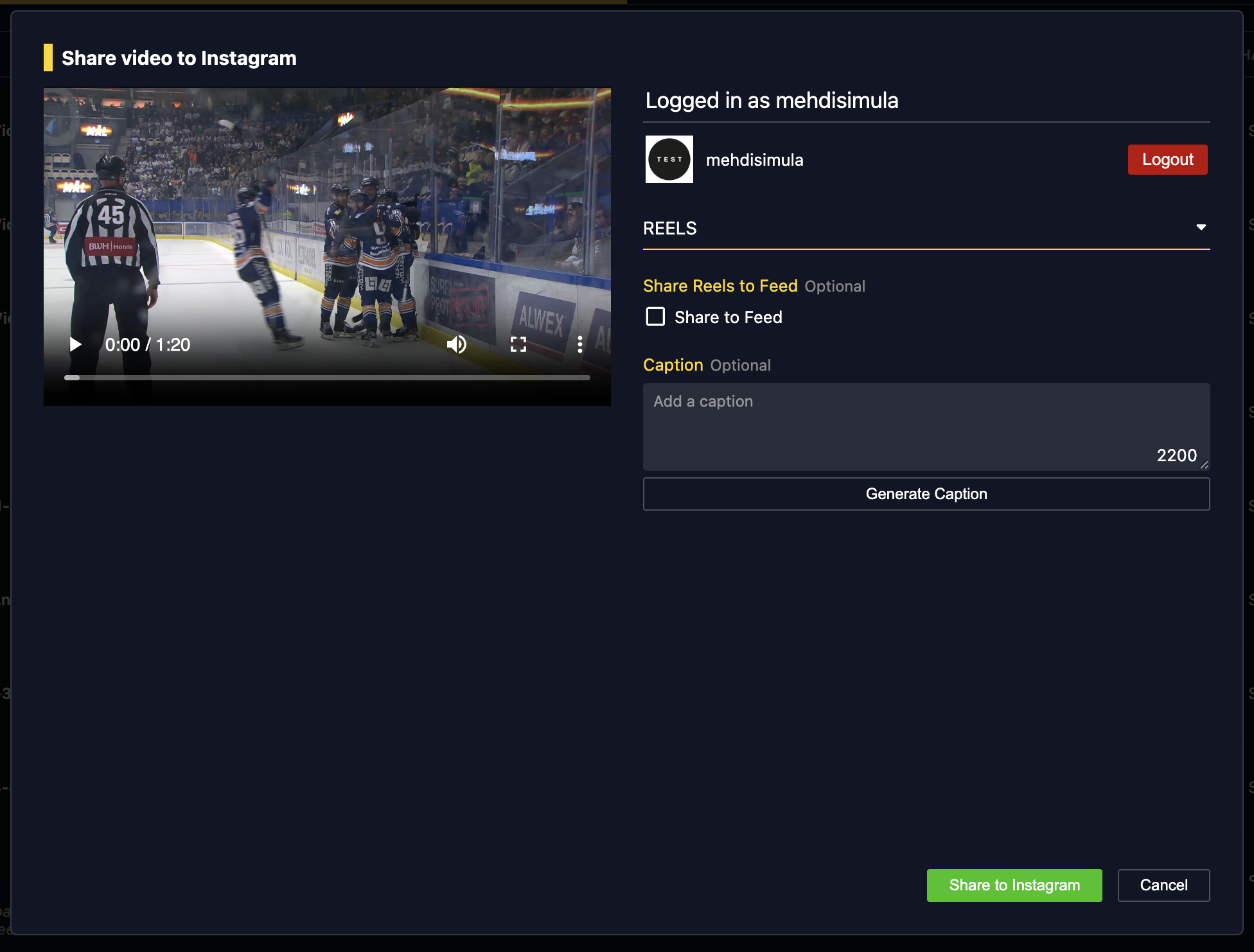 Logged-in Instagram Share Window