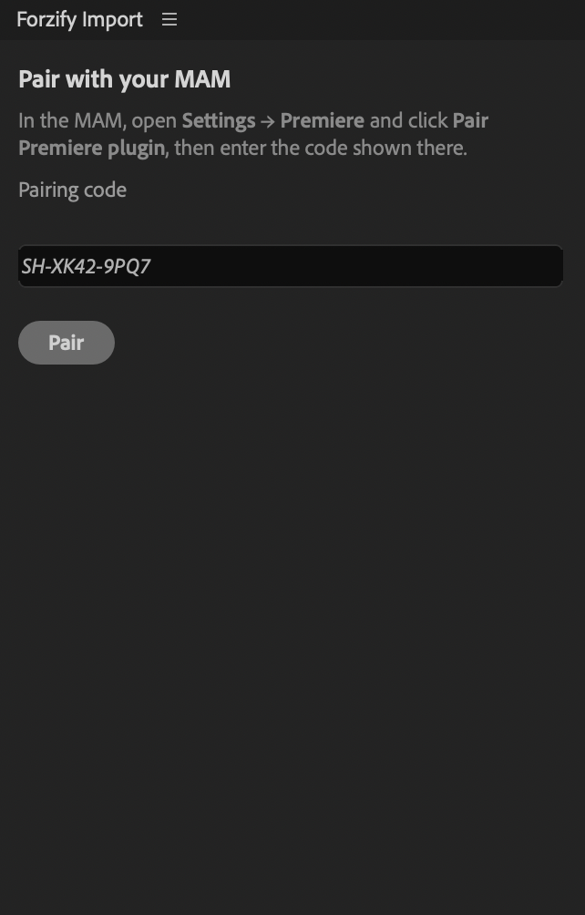 Entering the pairing code in the Forzify Import panel