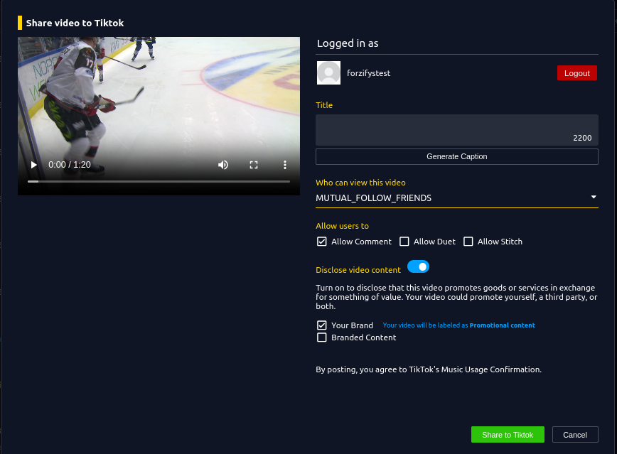 Logged-in TikTok Share Window