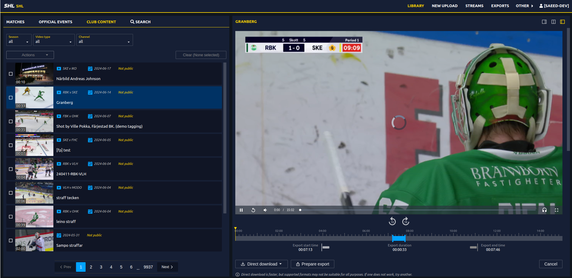 click on export button